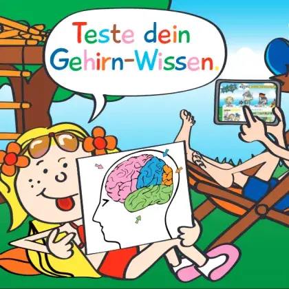 Man sieht ein Mädchen mit einem Gehirn-Plakat.