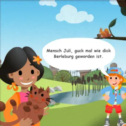 Illustration von zwei Kindern auf einer Wiese. Das Mädchen im Vordergrund trägt eine Katze. Der Junge im Hintergrund sagt in einer Sprechblase: &quot;Mensch Juli, guck mal wie dick Berleburg geworden ist&quot;.