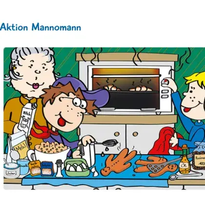 Illustration von zwei Kindern und einer alten Frau beim Backen