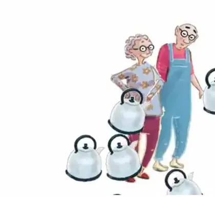 Illustration von zwei alten Menschen und Teekesseln
