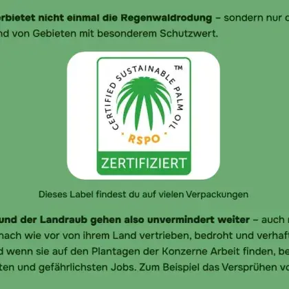 Man sieht eine Übersicht der Seite und ein Label für Palmöl.