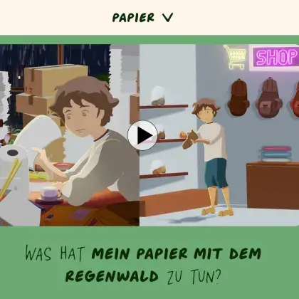 Man sieht ein gezeichnetes Bild mit einem Jungen und Papier.