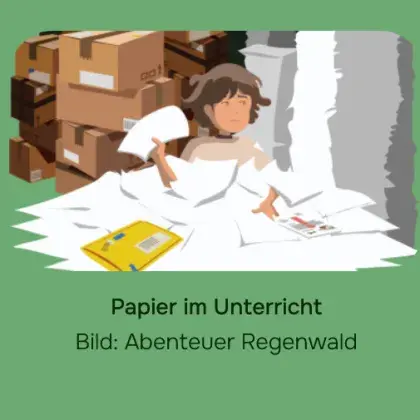 Man sieht ein gezeichnetes Kind vor einem Papierberg.