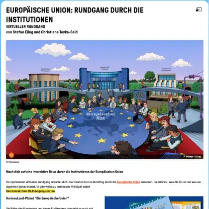 Illustration Tisch mit Menschen, darauf Europaflagge