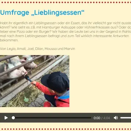 Man sieht ein Bild mit einem Kind, das eine Kuh interviewt.