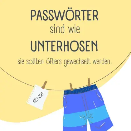 Man sieht eine Hose an einer Wäscheleine und eine Überschrift.