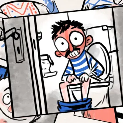 Comic: Mann auf Toilette