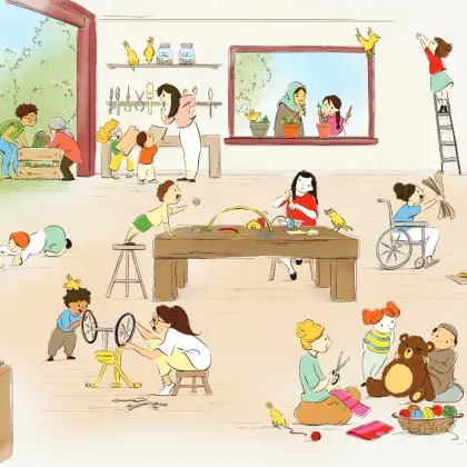 Man sieht ein Wimmelbild mit verschiedenen Leuten, die Dinge reparieren.