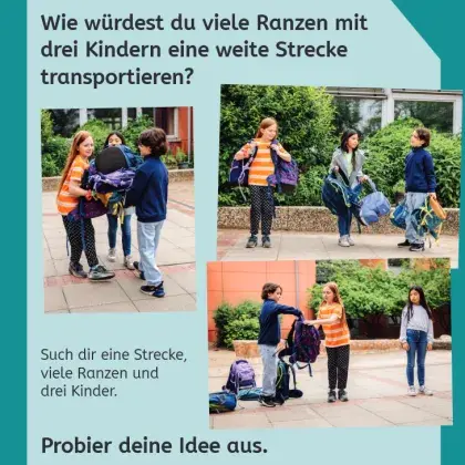 Man sieht Kinder auf einem Schulhof, die ein Experiment mit ihren Schulranzen durchführen.