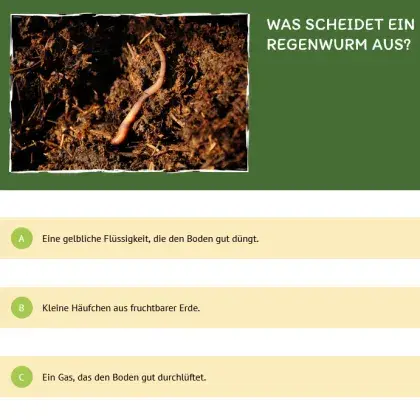 Man sieht eine Quiz-Frage und ein Bild von einem Regenwurm.