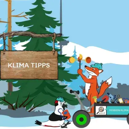 Man sieht eine Übersicht der Seite und einen gezeichneten Fuchs und eine Elster.