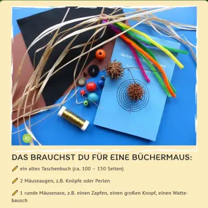Man sieht verschiedene Bastelmaterialien für eine Büchermaus.