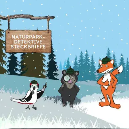 Man sieht die Naturparkdetektive, einen gezeichneten Fuchs, ein Schwein und eine Elster.
