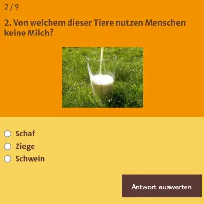 Man sieht eine Quiz-Frage und ein Foto von einem Milchglas.