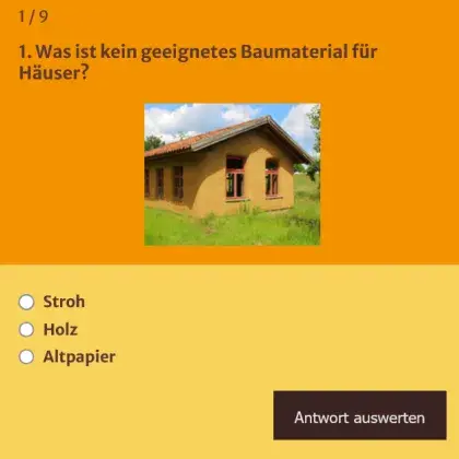 Man sieht eine Frage aus dem Quiz und ein Bild von einem Haus.