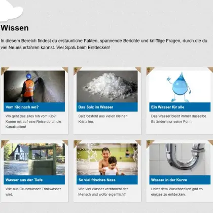 Man sieht verschiedene Artikel der Seite zum Thema Wasser.