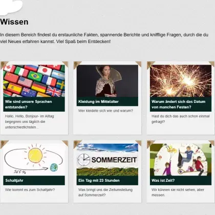 Man sieht verschiedene Artikel der Seite zum Thema Zeit.