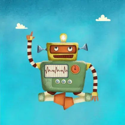 Man sieht ein Logo der Seite mit einem Roboter.