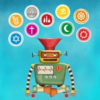 Man sieht ein Logo der Seite, auf dem ein Roboter mit verschiedenen Religionen als Zeichen über seinem Kopf ist.