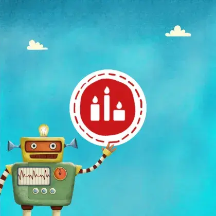 Man sieht ein Logo der Seite mit einem Roboter und einem Zeichen aus dem Alevitentum.