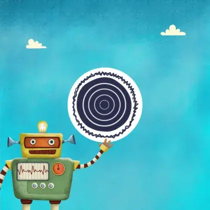 Man sieht ein Logo der Seite mit einem Roboter.