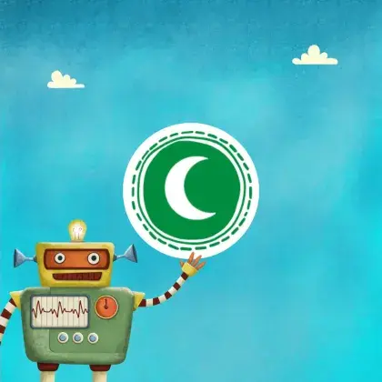 Man sieht ein Logo der Seite mit einem Roboter und einem Zeichen aus dem Islam.