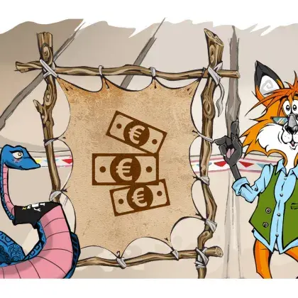 Man sieht einen Fuchs und eine Schlange neben einer Lederleinwand mit einer Geldscheinen.