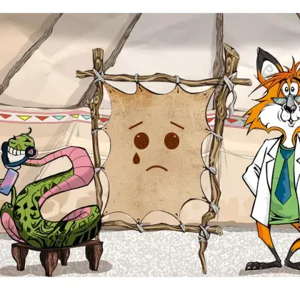 Man sieht einen Fuchs und eine Schlange neben einer Lederleinwand mit einem traurigen Gesicht.