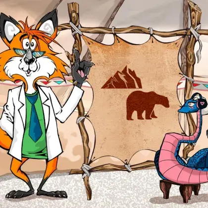 Man sieht einen Fuchs und eine Schlange neben einer Lederleinwand mit einem Eisbär und einem Berg.