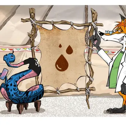 Man sieht einen Fuchs und eine Schlange neben einer Lederleinwand mit einem Blutstropfen.