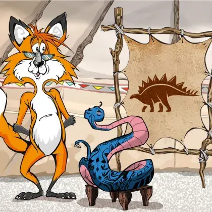 Man sieht einen Fuchs und eine Schlange neben einer Lederleinwand mit einem Dino.