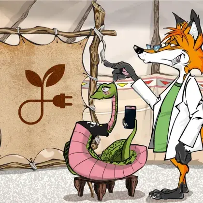Man sieht einen Fuchs und eine Schlange neben einer Lederleinwand mit einem Stromkabel.