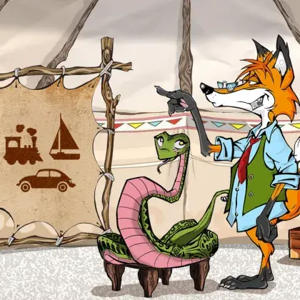 Man sieht einen Fuchs und eine Schlange neben einer Lederleinwand mit Transportmitteln.