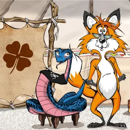 Man sieht einen Fuchs und eine Schlange neben einer Lederleinwand mit einem Glücksklee.