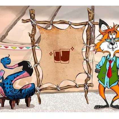Man sieht einen Fuchs und eine Schlange neben einer Lederleinwand mit einem Glas.