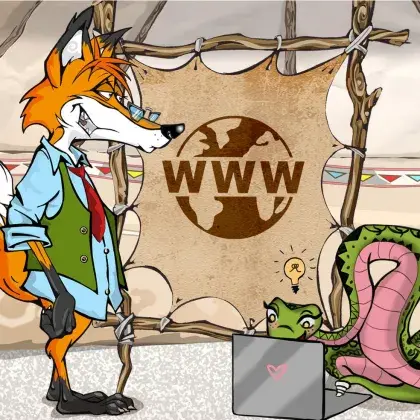 Man sieht einen Fuchs und eine Schlange neben einer Lederleinwand mit einem Internetsymbol.