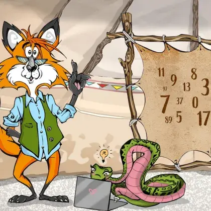 Man sieht einen Fuchs neben einer Lederleinwand mit Zahlen.