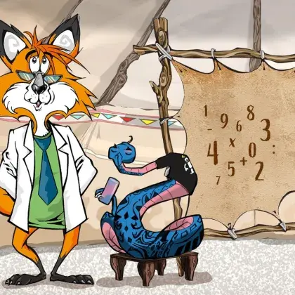 Man sieht einen Fuchs und eine Schlange neben einer Lederleinwand mit Zahlen.