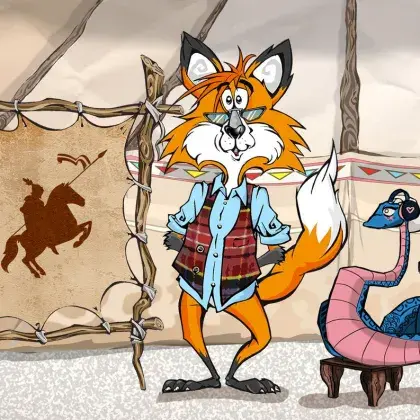 Man sieht einen Fuchs und eine Schlange neben einer Lederleinwand mit einem Ritter auf einem Pferd.