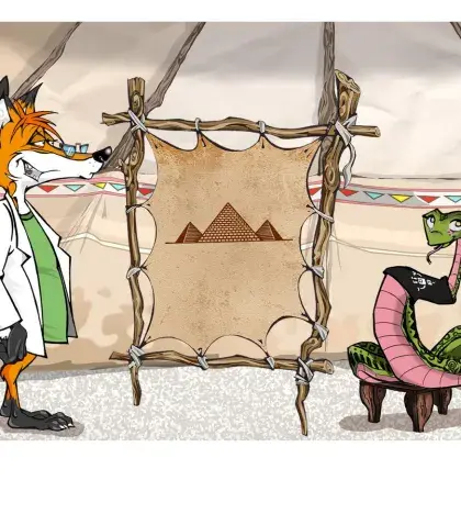 Man sieht einen Fuchs und eine Schlange neben einer Lederleinwand mit Pyramiden.