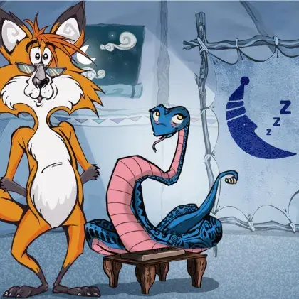 Man sieht einen Fuchs und eine Schlange neben einer Lederleinwand mit einem Mond.