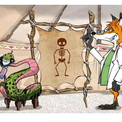 Man sieht einen Fuchs und eine Schlange neben einer Lederleinwand mit einem Skelett.