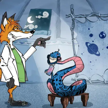 Man sieht einen Fuchs und eine Schlange neben einer Lederleinwand mit Planeten.
