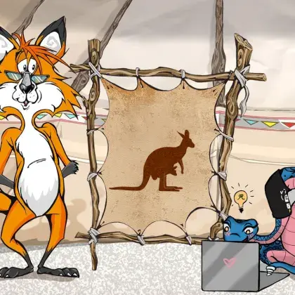 Man sieht einen Fuchs und eine Schlange neben einer Lederleinwand mit einem Känguru.