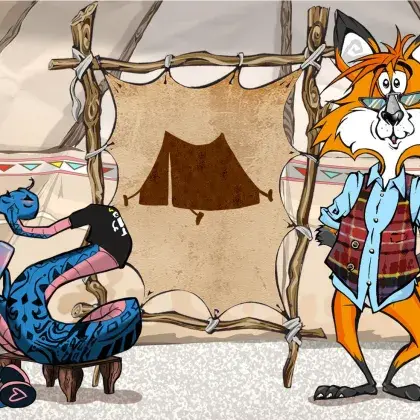 Man sieht einen Fuchs und eine Schlange neben einer Lederleinwand mit einem Zelt.