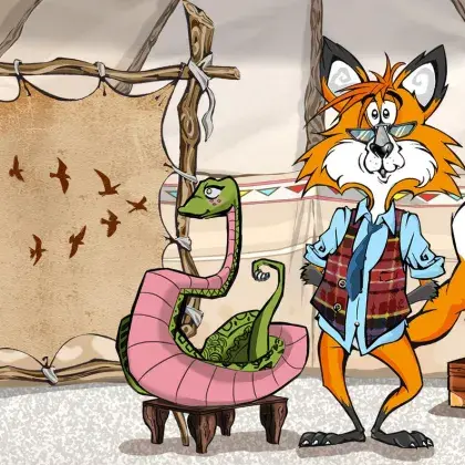 Man sieht einen Fuchs und eine Schlange neben einer Lederleinwand mit Vögeln.