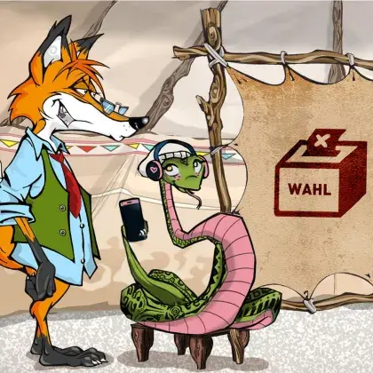 Man sieht einen Fuchs und eine Schlange neben einer Lederleinwand mit einer Wahlurne.