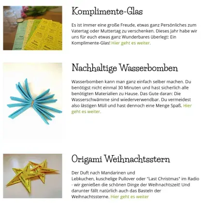 Man sieht den Text zu verschiedenen Basteltipps.