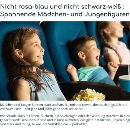 Man sieht einen Text und Kinder im Kino als Bild.
