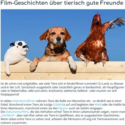 Man sieht einen Text und ein Foto von Tieren.
